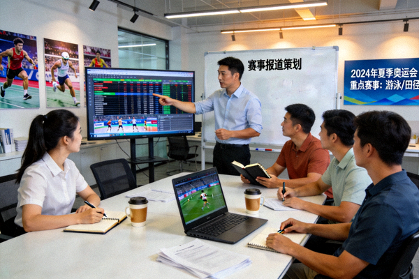 体育新闻编辑团队正在讨论赛事报道